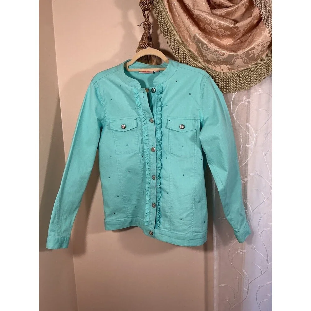 Quacker Factory womens torquise color denim jean jacket Sz S cotton Euro-Summer